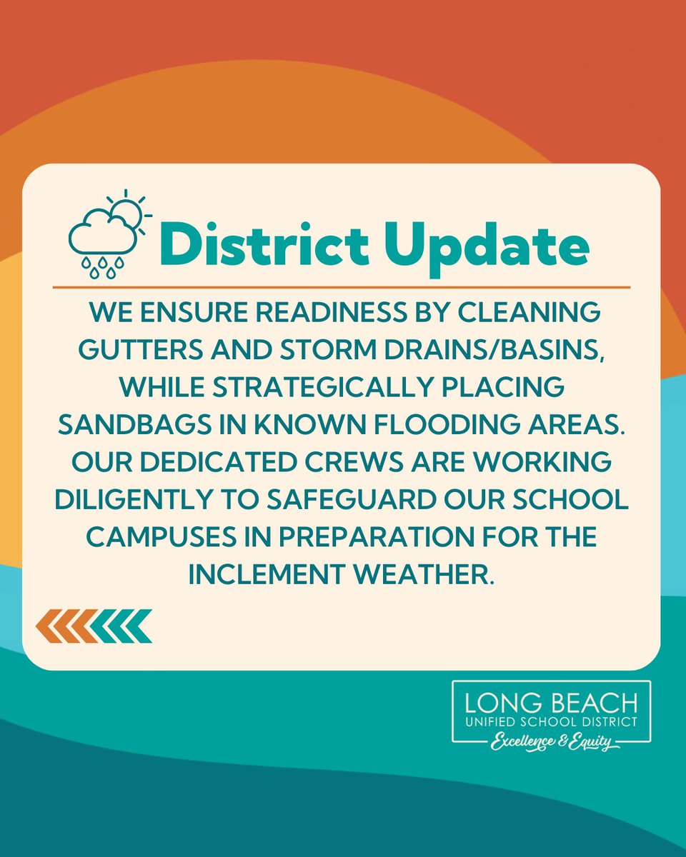 ⛈ As we anticipate the forecasted storm, the safety of LBUSD students and staff remains our foremost priority. Our dedicated crews are working diligently to safeguard our school campuses in preparation for the inclement weather.