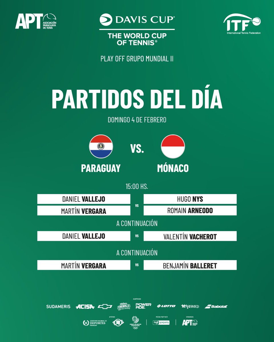 ¡Con la fe intacta! 🇵🇾

Así se disputarán los decisivos encuentros de esta tarde en el Court Central del Club Internacional de Tenis (CIT).

¡Vamos, Paraguay! 💪🏻

#DavisCup #CIT #APT #Tenis #TeamParaguay #CourtCentral