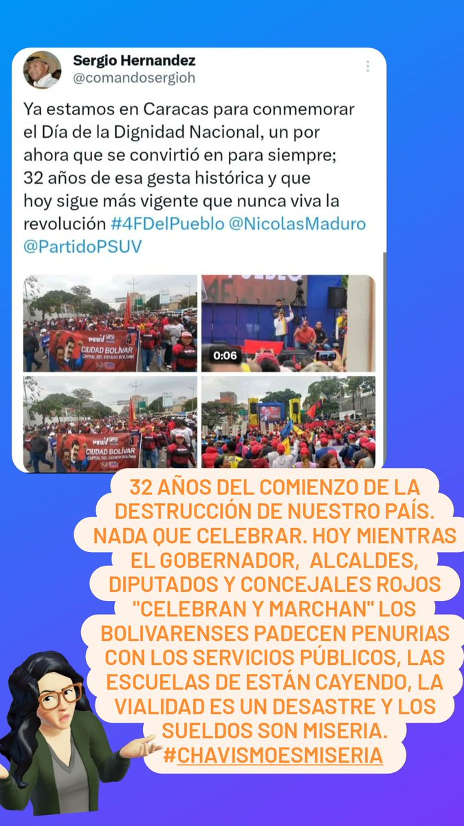 Hoy #04Febrero Los Venezolanos, no tenemos nada que celebrar, mucho menos en nuestro Estado Bolívar y Angostura del Orinoco, mientras las autoridades rojas 'celebran y marchan' el pueblo pasando penurias. Se cumplen 32 años del comienzo de la destrucción y desgracia en Venezuela