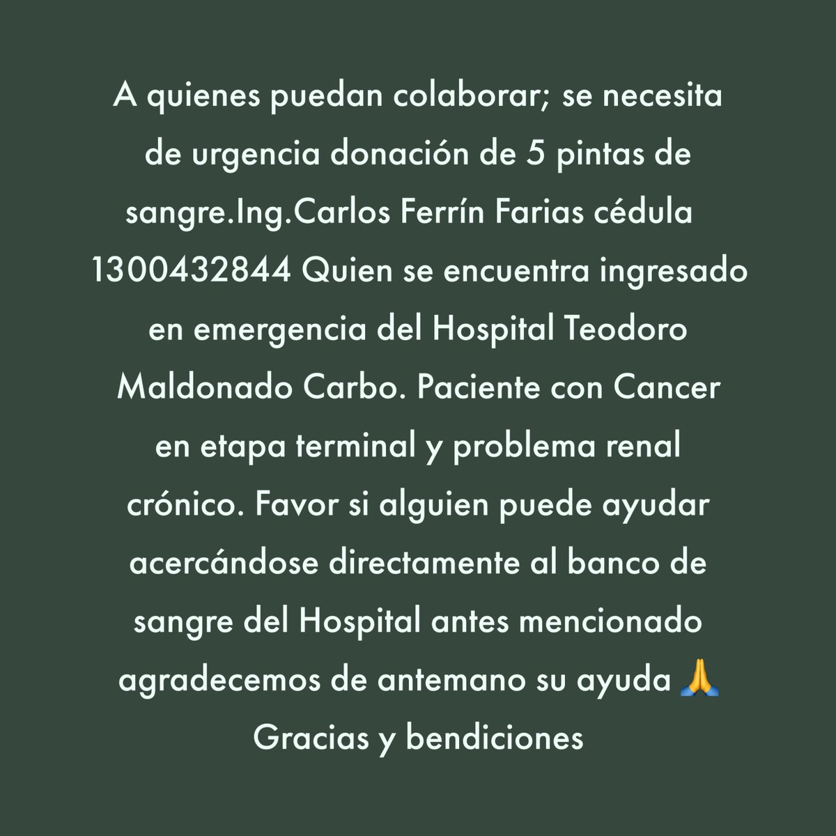 carlosferrin's tweet photo. A todo el que pueda en serio le estaría muy agradecido. Mi padre, un ingeniero agrónomo que me crió entre campos de algodón y uno que otro de sandías, ya está en su último tramo de su viaje. Requiere transfusiones ya casi a diario. Si pudieras donar sería una bendición. https://t.co/VxxCXswYF0
