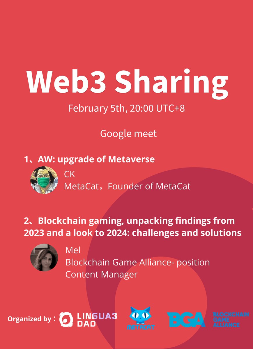 🕊Reminder!   Get ready to be an early bird?  
❤️"AW：Upgrade of Metaverse &amp; Blockchain gaming"❤️
🕊Time: Feb 5th , 20:00 (UTC+8) (Mon)
🕊Excited to collaborate with <a href="/crypto_isms/">Taboozle | BGA</a> <a href="/k1ic234/">k1ic</a> on their amazing project <a href="/BGameAlliance/">Blockchain Game Alliance</a> @metacat007
🕊Location: meet.google.com/uvo-hpoz-vmq