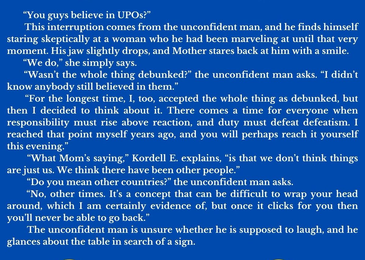 #quote from "Unidentified Past Objects" by <a href="/StewartBerg/">Stewart Berg</a>

The story of the UPO conspiracy theory being proven true. After all, maybe it's not just us?

Available as part of Nine and One Stories:

fallingmarbles.com/nine-and-one-s…

#BookTwitter #booktwt #BookBoost #BOOKERS #BooksWorthReading