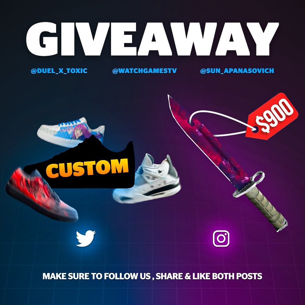 ★ GIVEAWAY ★

Prize 1: CUSTOM PAIR CS SNEAKERS (picking/ twitter) 
Prize 2: ★ Bayonet | Doppler (p2) (picking on insta)

✅ Follow <a href="/WatchGamesTV/">WatchGamesTV</a> &amp; @DUEL_X_TOXIC &amp; <a href="/sun_apanasovich/">Sveta 🇱🇹</a>
✅Re-tweet &amp; Like
✅Tag 2 friends

‼️ For Prize 2: Follow instructions on 
Insta/@ ibbyyzekerie