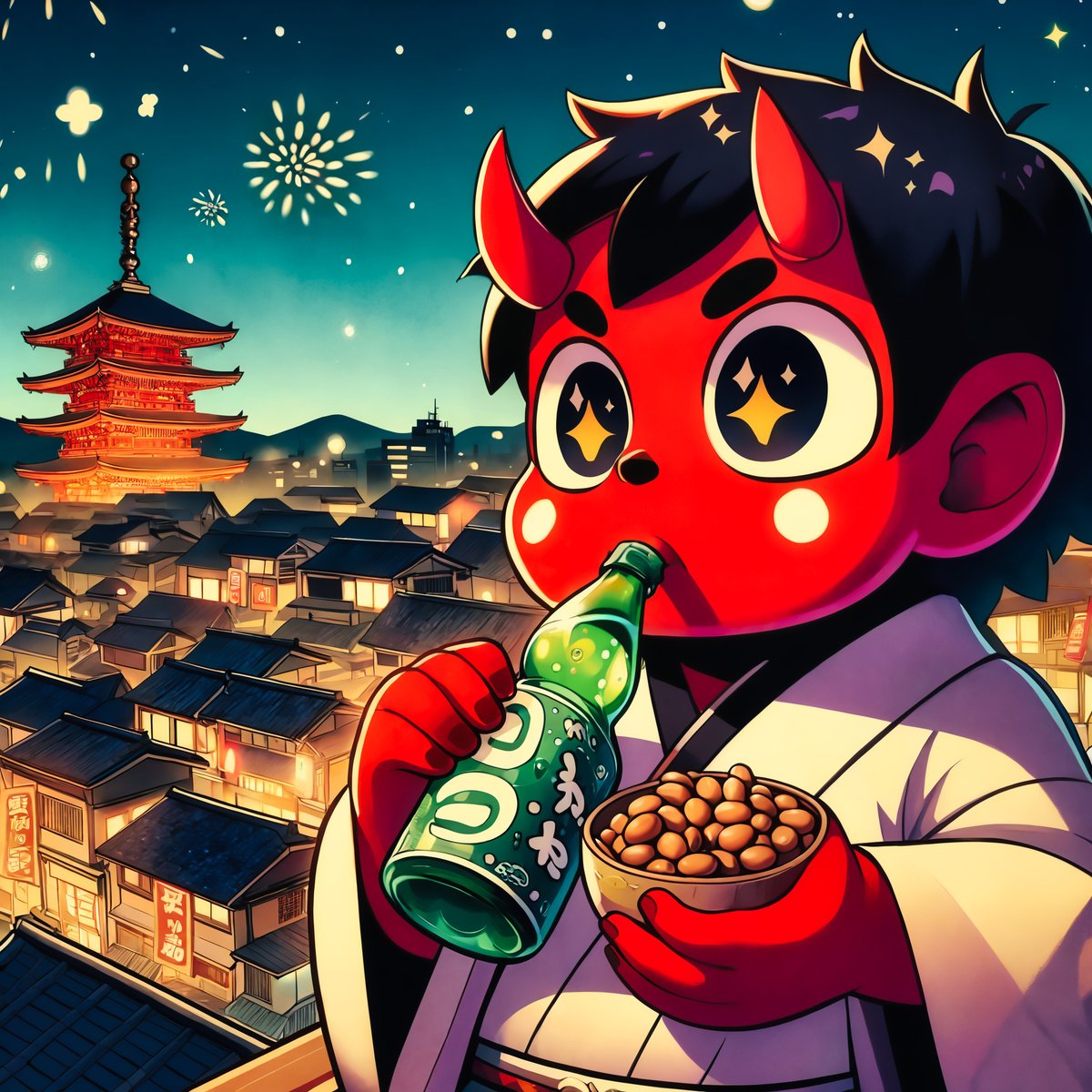 noigiri's tweet photo. 2/2のテーマ＝夜景
2/3のテーマ＝節分
2/4のテーマ＝ラムネ
「豆とラムネと和風な夜景を楽しむ鬼」
https://t.co/182xWzztiG
#AIイラスト #AIart #Aipictors #DALLE3 https://t.co/6cOCNm9dPv