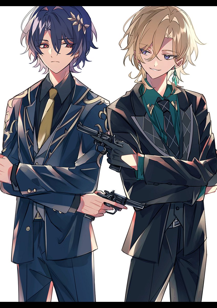 gun necktie weapon multiple boys 2boys holding blonde hair  illustration images