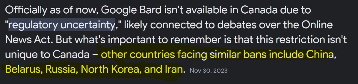 DisruptAlways's tweet image. I wanted to find out why I couldn't access Google Bard in Canada. We are in great company here in Canada. I'll just leave this here.