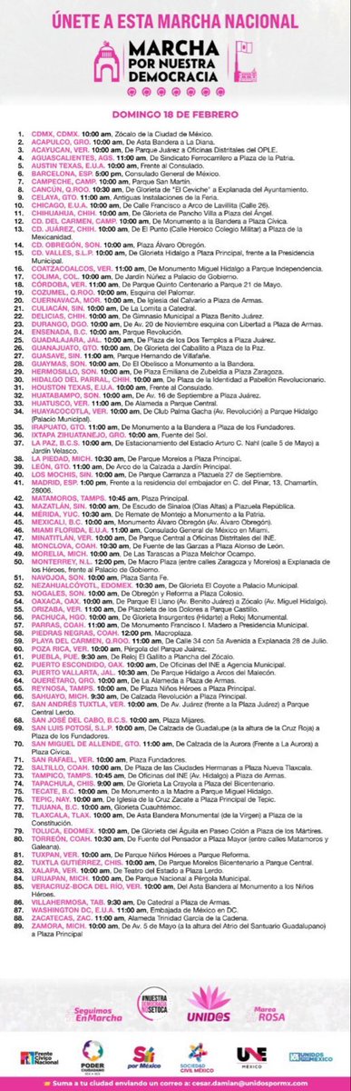 ClaudioXGG's tweet image. Ya son 89 las ciudades que se suman a la Marcha Nacional por Nuestra Democracia. Toma nota. Si tu ciudad no aparece en la lista, organízate para participar.