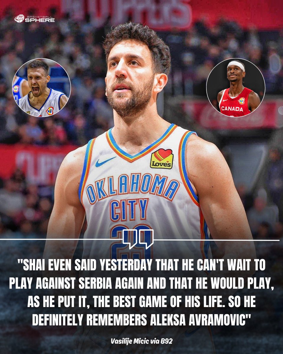 BSphere_'s tweet image. Aleksa Avramovic defensively locked down Shai Gilgeous-Alexander in the semi-finals of the 2023 FIBA WC. 🔥

Vasilije Micic states that the Canadian remembers that game very well. 🇨🇦🇷🇸

#nba #sga #avramovic #kkp #partizan #shai #micic #fiba #serbia #canada #okc #thunder
