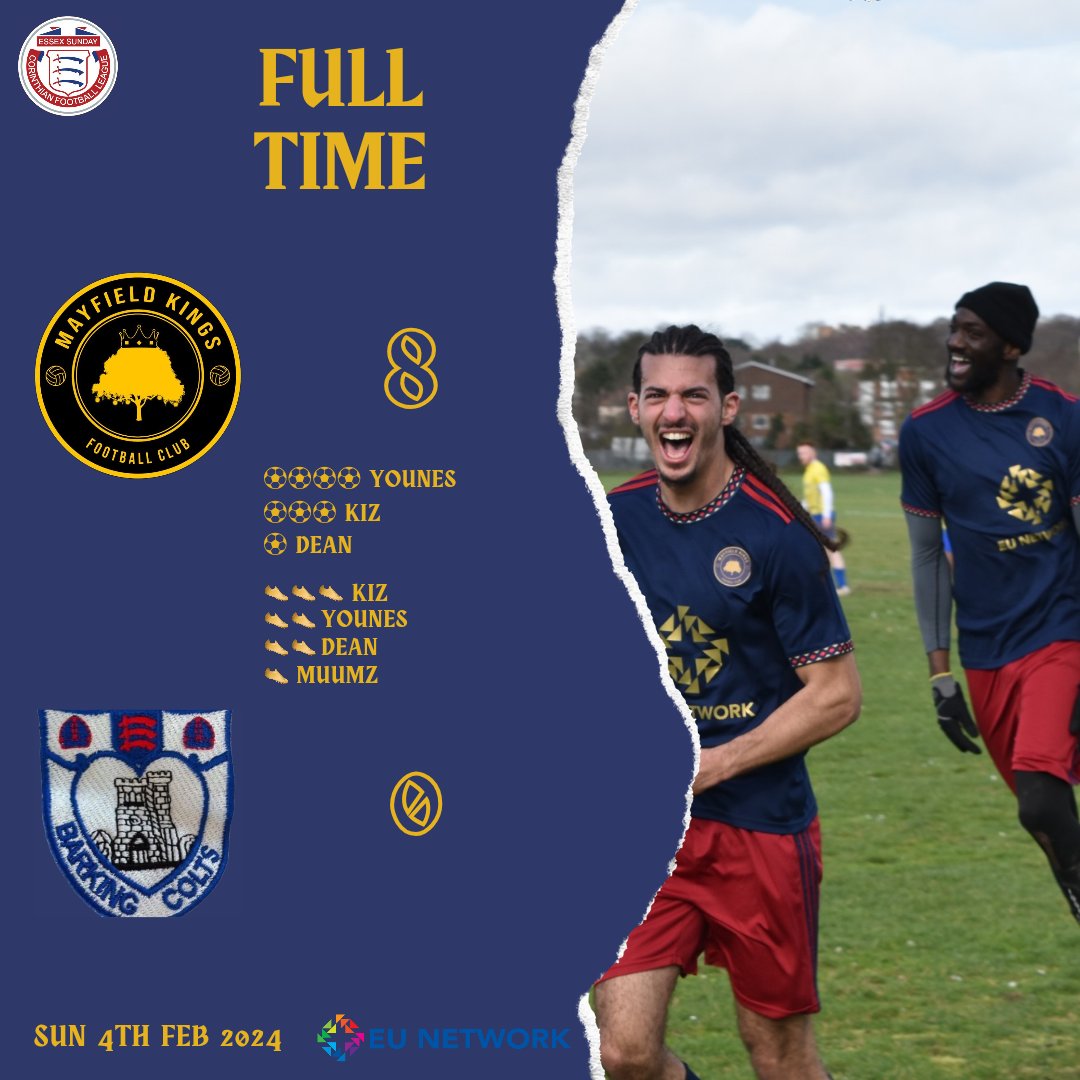 WHAT A PERFORMANCE!!!! 

Up The Kings! 👑🌳 

🤴🏽 Man of the Match: Younes 

⚽️⚽️⚽️⚽️ Younes
⚽️⚽️⚽️ Kiz
⚽️ Dean

🅰️🅰️🅰️ Kiz
🅰️🅰️ Younes
🅰️🅰️ Dean
🅰️ Muumz

#MayfieldKingsFC #SundayLeague #Football #UpTheKings
