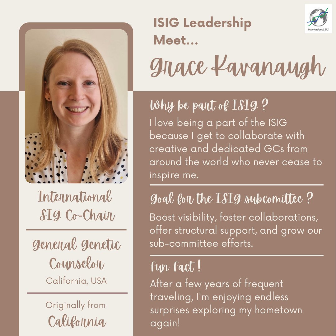Get to know our New Leadership
The "International Special Interest Group" Co-chair! 

Grace Kavanaugh

#ISIG #InternationalSIG #leadership #goals #co-chair #GeneChat