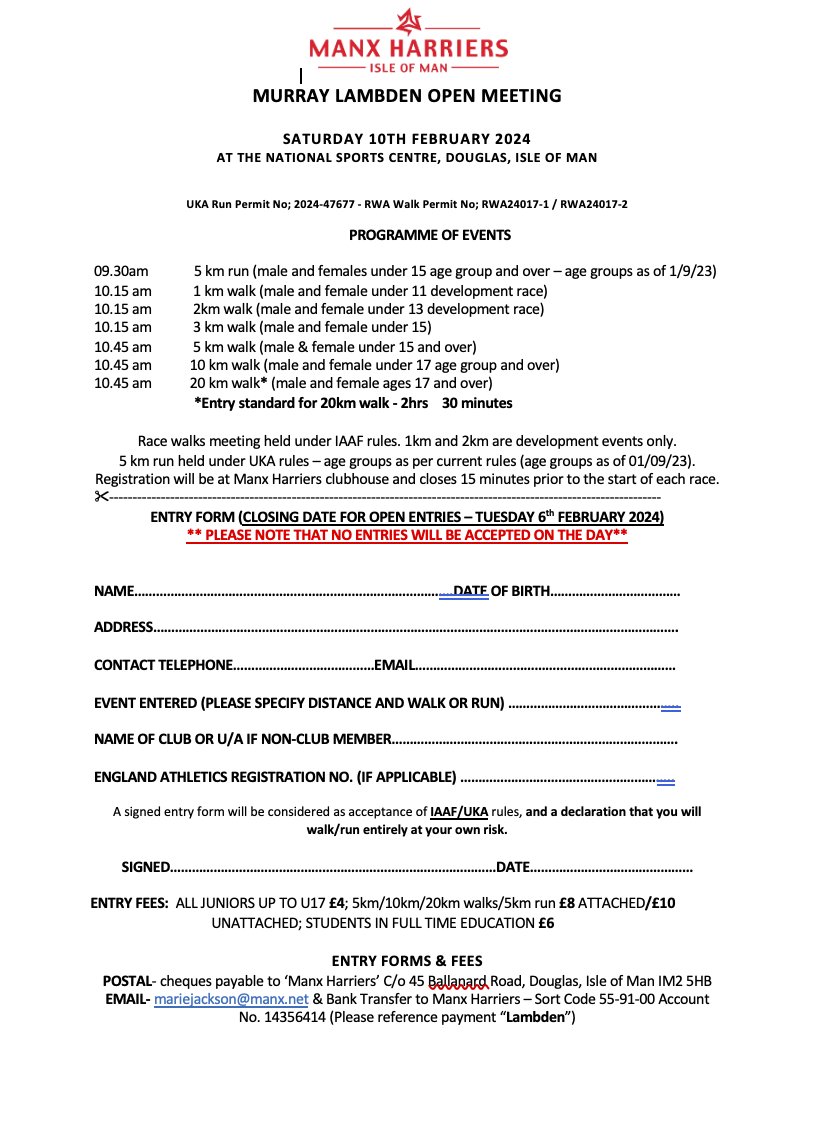 ONLY 48 HOURS LEFT TO ENTER!
Entries close at midnight on Tuesday 6th February 2024. 
A BRILLIANT opportunity to achieve some goals in both running and walking events.
Open to ALL AGES AND ABILITIES.
Contact iomado@hotmail.com for further details.