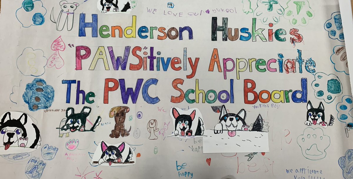 It’s School Board Appreciation Month and HNES Pawsitively 🐾💙appreciates our School Board. Thanks Justin Wilk for representing our community & being an active participant in the life of our school! Thanks Art Teacher Zupko for working/w Huskies to create this adorable poster.