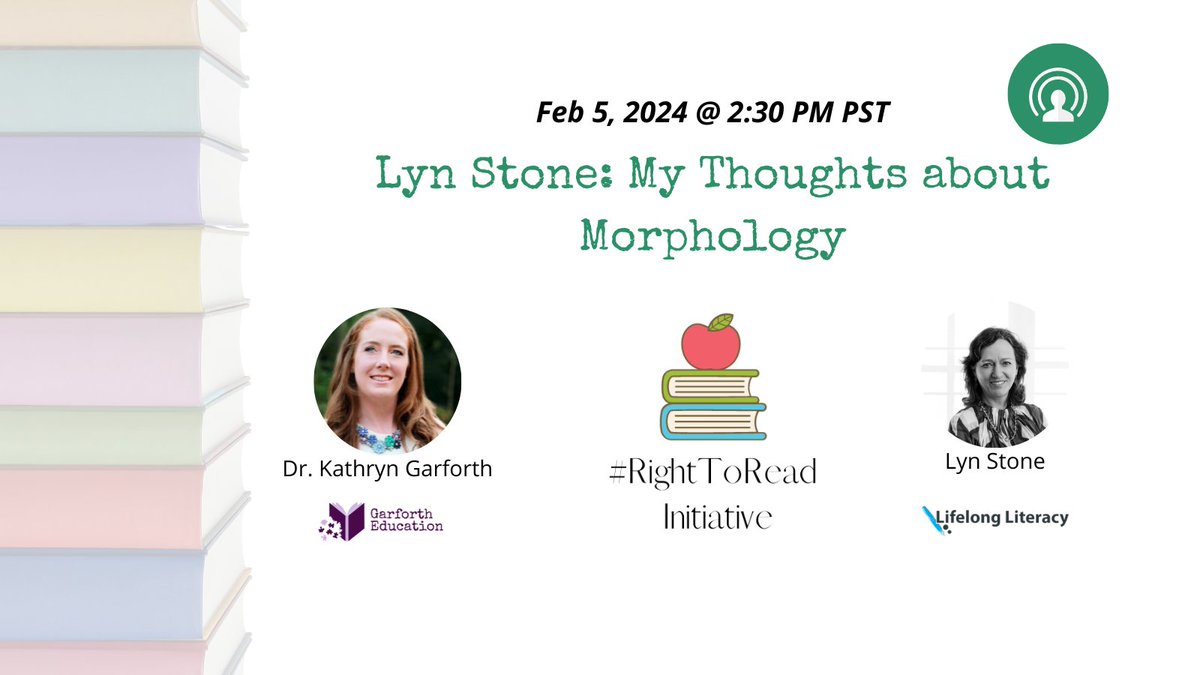 Join Dr. Kathryn Garforth and Lyn Stone <a href="/lifelonglit/">Lyn Stone</a> as they discuss morphology on Monday, February 5 at 2:30pm PST.

Link: bit.ly/4boxQaQ

#right2read #right2readinitiative #morphology