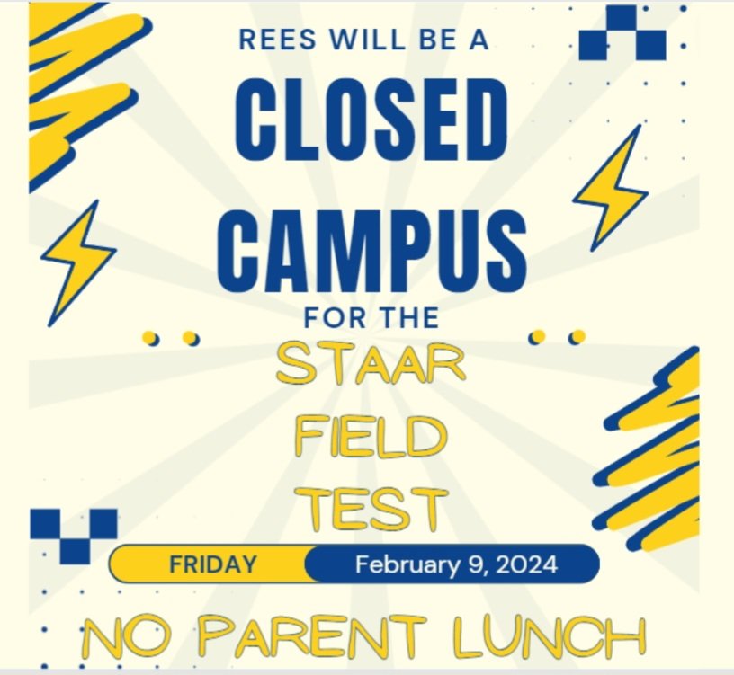 Please view the flyers for important dates and events this week at Rees. Feb. 6 - No Parent Lunch Feb. 8 - Family Library Night Feb. 9 - Wear Football Attire/No Parent Lunch