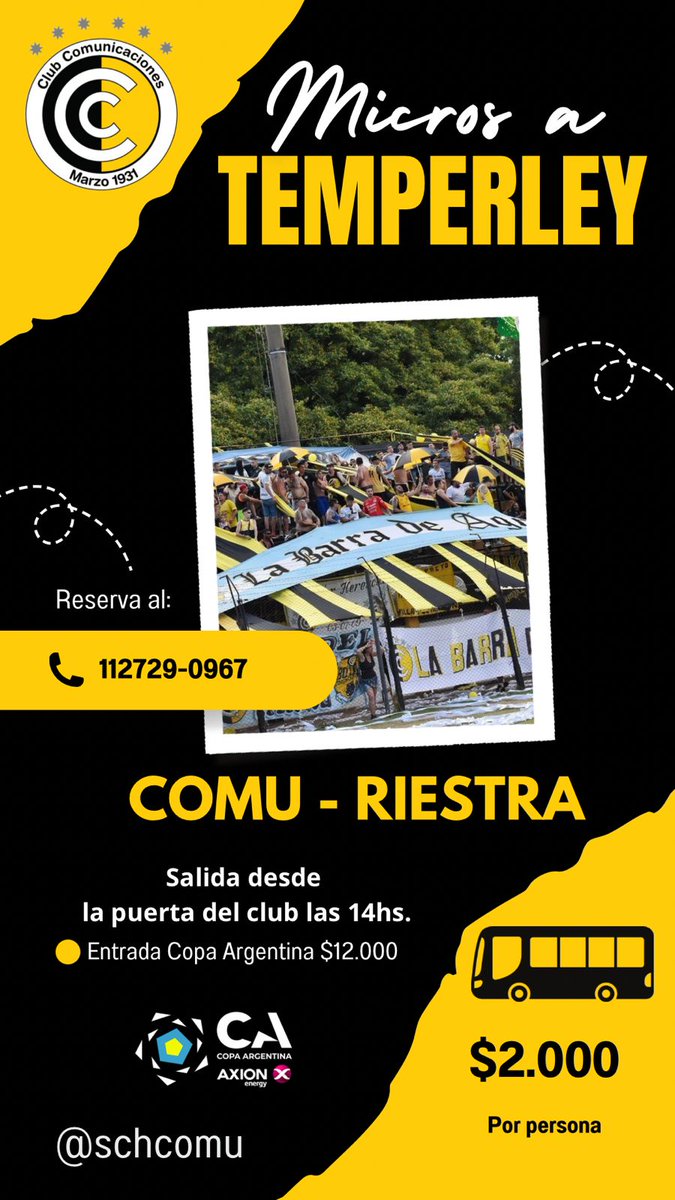 🌓¡El miércoles todos a Temperley!

ℹ️Información importante de los micros que saca la <a href="/schcomu/">Subco Hincha Comu</a> para el partido por <a href="/Copa_Argentina/">Copa Argentina AXION energy</a>.

⚠️ Recordá que para comprar las entradas es únicamente por el portal deportick.com

#SeguirCreciendo 💪🏻