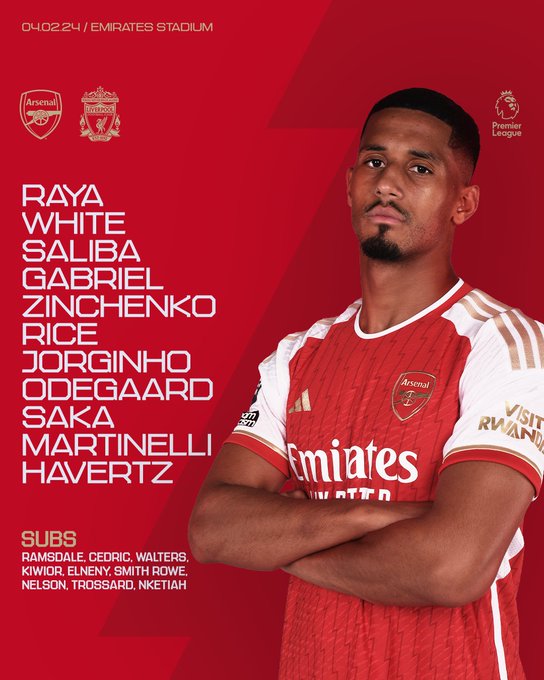 Starting XI: Raya, White, Saliba, Gabriel, Zinchenko, Rice, Jorginho, Odegaard, Saka, Martinelli, Havertz

Substitutes: Ramsdale, Cedric, Walters, Kiwior, Elneny, Smith Rowe, Nelson, Trossard, Nketiah