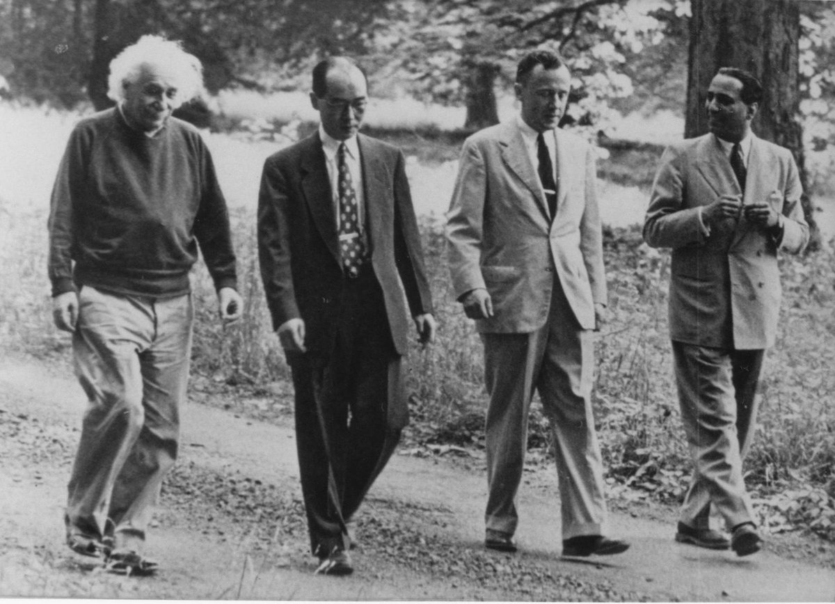 BanCheneProduct's tweet photo. #AlbertEinstein, #HidekiYukawa, #JohnWheeler and #HomiBhabha walking through Marquand park in Princeton NJ, 1954. https://t.co/lGXxbZ2ziE