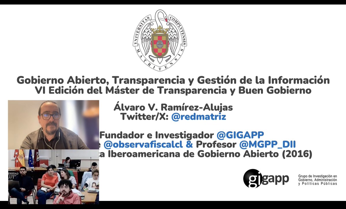 DiploGobAbierto's tweet photo. Esta semana nuestro director académico, profesor Álvaro Ramírez Alujas @redmatriz, participó en el  Máster en Transparencia y Buen Gobierno del @IccaUcm con la charla magistral sobre #GobiernoAbierto, Transparencia y Gestión de la Información @CCPPySOCUCM @GIGAPP @unicomplutense https://t.co/gdX2tN1UYy