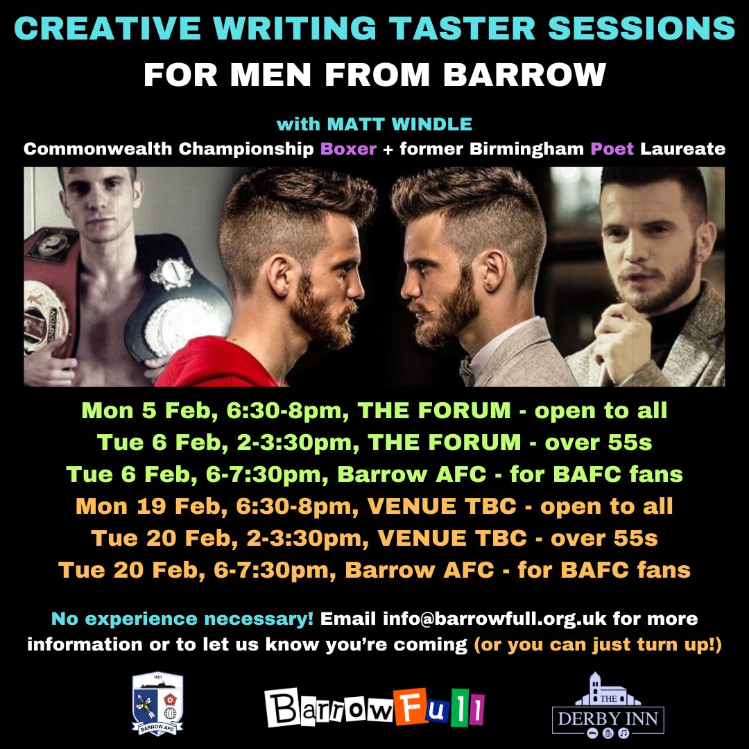 🖊️| Creative Writing Taster Sessions for Men from Barrow with Matt Windle. See image for dates and times. Email info@barrowfull.org.uk for more information #WeAreBarrow | @BarrowFull @BarrowAFC