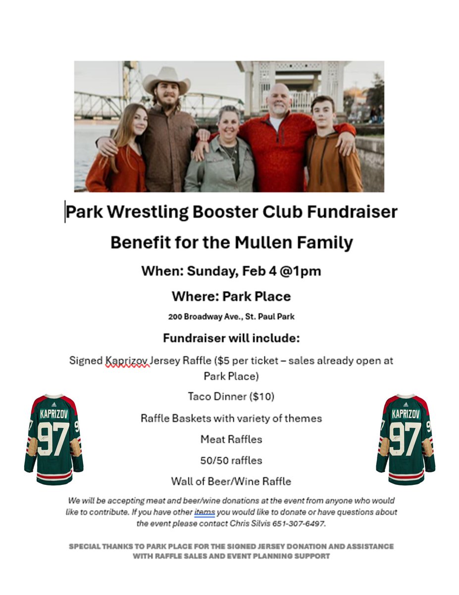 Today at 1pm! 🌮Tacos, 🎟️raffles, 🍻cold beer & good friends will be here for the Arron Mullen Family Fundraiser! #parkwrestling #mullenfamily #parkplacesportsbar