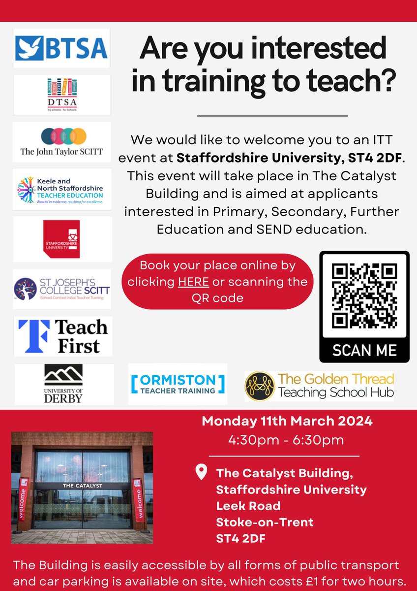 👩‍🏫🌈 Teaching isn't just a profession; it's a calling, a passion, & a chance to make a lasting impact on young minds.🌟
We will be hosting the next #traintoteach event at our amazing Catalyst building, alongside our colleagues.
Book your place: bit.ly/420OB7H 
#IOEStaffs