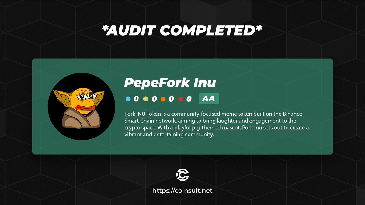 CoinsultAudits's tweet photo. 🔒 AUDIT COMPLETED FOR PEPEFORK INU 

🎁 GIVEAWAY: $10 (48 hours)

1⃣ Follow @pepeforkinu1 & @CoinsultAudits 
2⃣ Join https://t.co/SN5z6vRaUq
3⃣ Like, RT and place a comment 💬

Go check out the Fair Launch on #Pinksale 👇
https://t.co/5cHT50wydA

#Pinksale #BSC #Presale #Fairlaunch #Giveaway