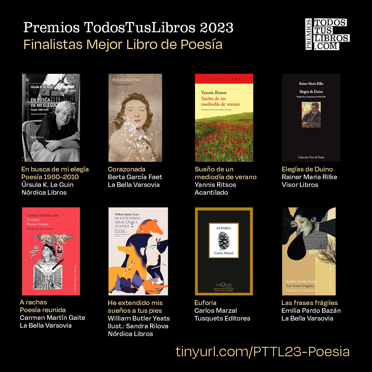 🏆📚 Llegamos al turno de la Poesía. Estas son las 8 obras finalistas en la categoría 'Mejor Libro de Poesía' de los Premios TodosTusLibros 2023. Todas ellas disponibles en tu librería favorita y en TodosTusLibros: 👉 tinyurl.com/PTTL23-Poesia