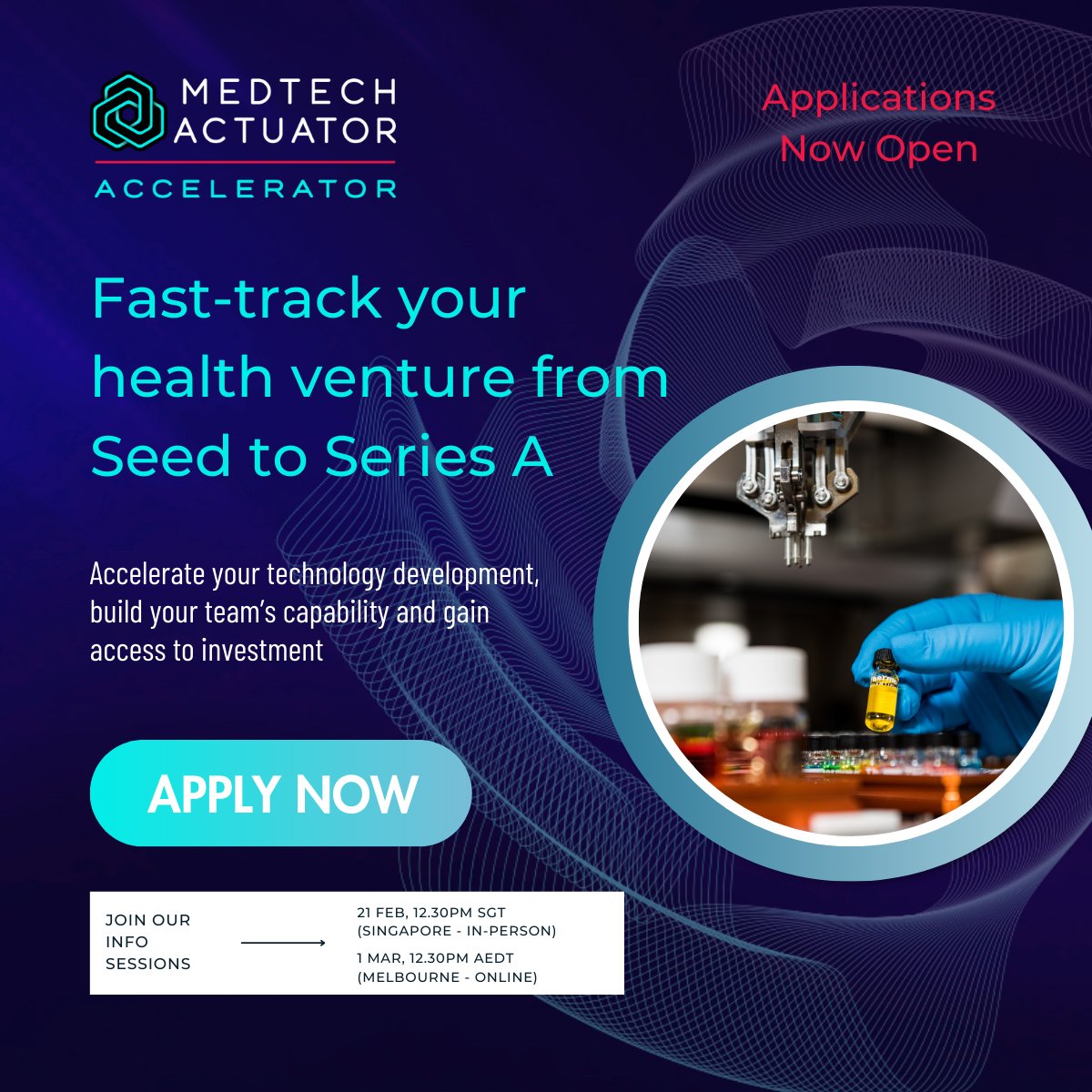 📢 𝗖𝗼𝗵𝗼𝗿𝘁 𝟵 𝗔𝗽𝗽𝗹𝗶𝗰𝗮𝘁𝗶𝗼𝗻𝘀 𝗮𝗿𝗲 𝗻𝗼𝘄 𝗼𝗽𝗲𝗻! 📢

Fast track your healthtech venture from Seed to Series A with the MedTech Actuator Accelerator program. Applications now open in Melbourne and Singapore!

Apply here: medtechactuator.com/accelerator/

#accelerator