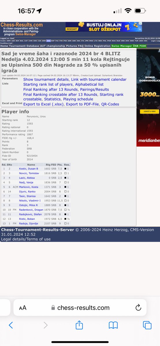 Another amazing performance! This time , Urosh 9 years old, 3rd amongst 14 adult players! +170 points, my students simply don’t stop! 🤷‍♂️💪