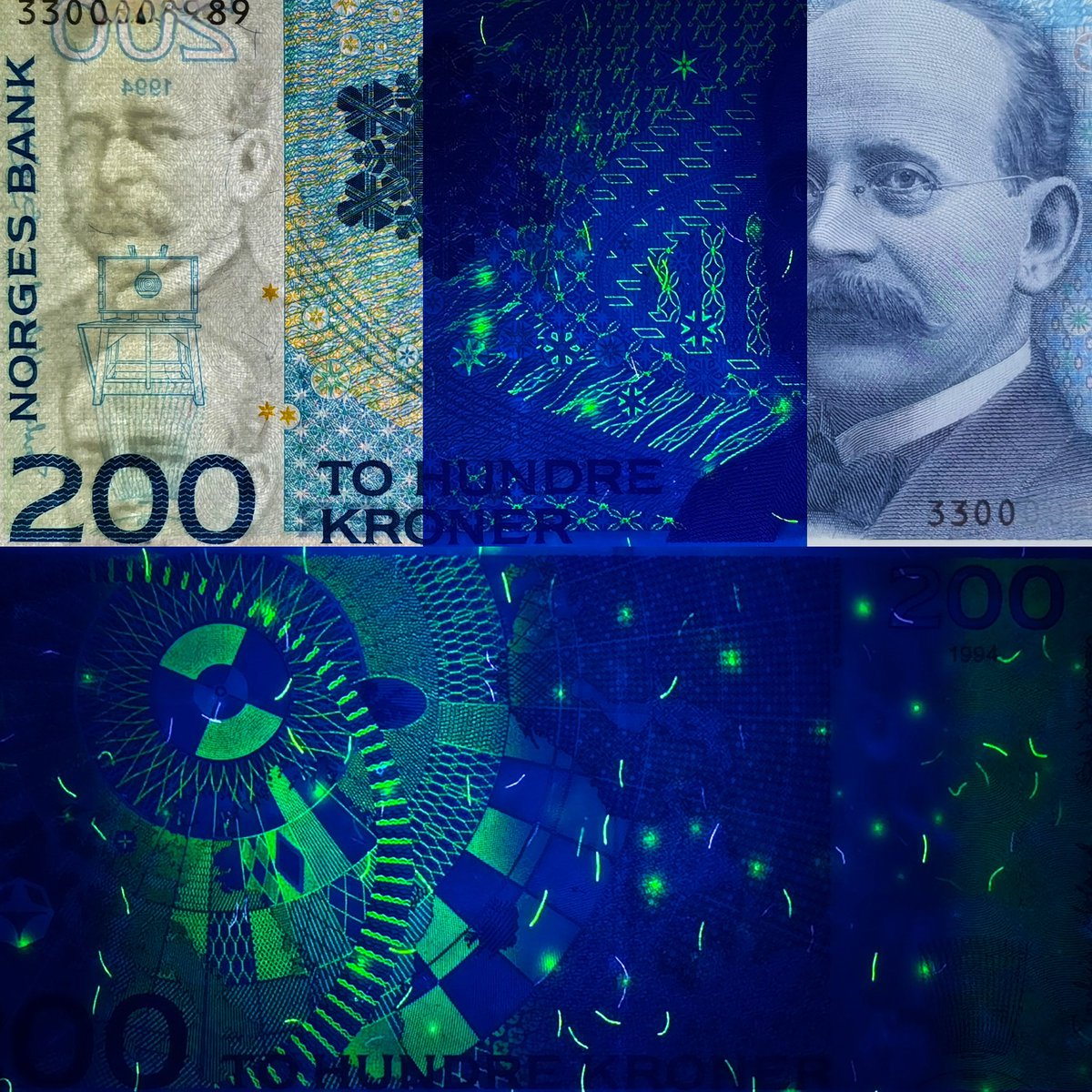 挪威第七套纸币200克朗，1994年发行，是挪威首张200克朗 纸币，2002年被加入全息金属箔安全线的升级版本取代，正面为地球物理学家克里斯蒂安·伯克兰，背景为大熊座、小熊座和极光，背面为北极地图和磁北极位置，以纪念其在磁层物理的贡献，拍入首发年份的PMG67分评级 币。