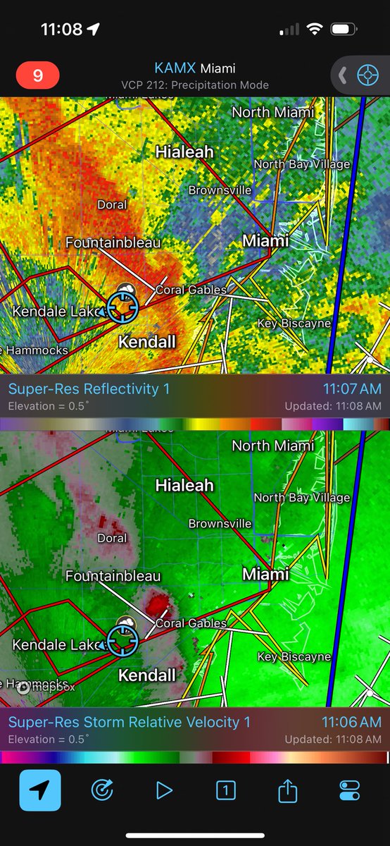 dllthinawa's tweet photo. @NWSMiami This is what the storm looked like as she was coming in! Still got the “seahorse” shape on radar! #Miamiwx #tornado https://t.co/EnpJCACIMf