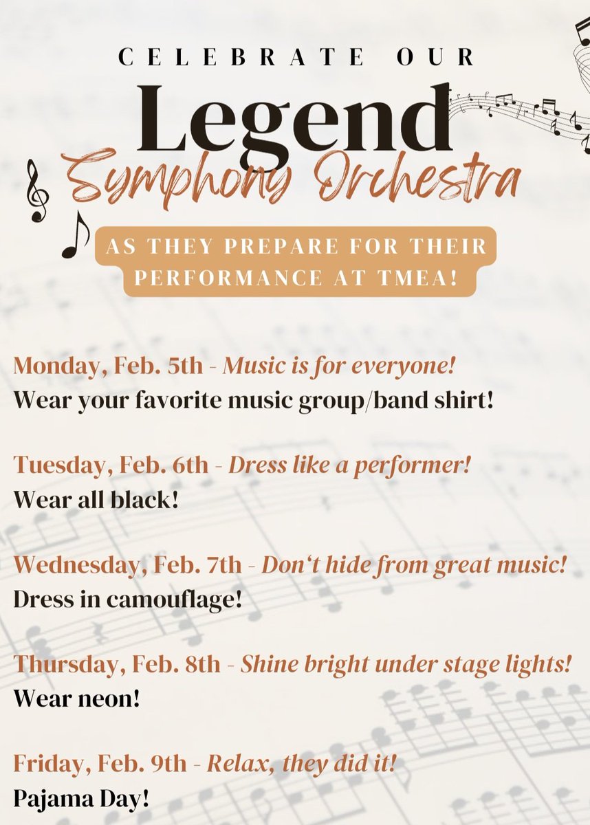 Educator_Greene's tweet photo. We are excited to celebrate our @LawlerMS_FISD Legend Symphony Orchestra this week as they head to TMEA! Join us in our theme dress days! 🧡🎶🎼 #WeAreLegends #AlwaysLegendary #ElevateTogether #TMEA https://t.co/QC0O0idNRz