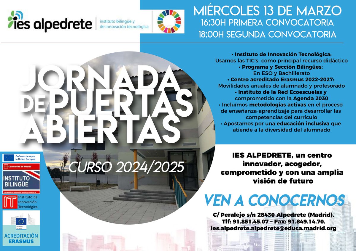 El miércoles 13 de marzo de 2024 tendrá lugar la Jornada de Puertas Abiertas del centro. Realizaremos dos convocatorias para que las familias que quieran formar parte de nuestra Comunidad Educativa puedan conocer el Proyecto Educativo y las instalaciones del centro.