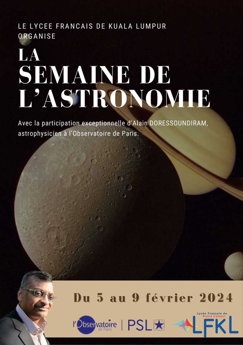 Je suis invité par le Lycée Français de Kuala Lumpur (LFKL) @LyceeKuala @AEFEAP pour une semaine de l’Astronomie : au programme, conférences, ateliers, formation et rencontres avec les élèves. Je suis enchanté et très impatient. @Obs_Paris @FRinMalaysia