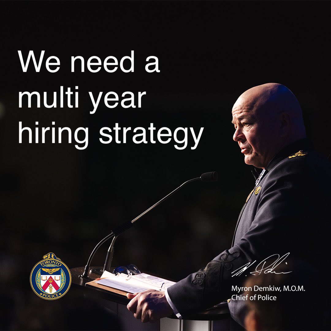 TorontoPolice's tweet photo. “The pipeline to hire is long and disrupting that pipeline has really serious long term ramifications,” says @TPSMyronDemkiw about the need to budget for a multi year hiring plan to keep #Toronto safe. https://t.co/jQavTgajJf https://t.co/AzBDwcLUOn