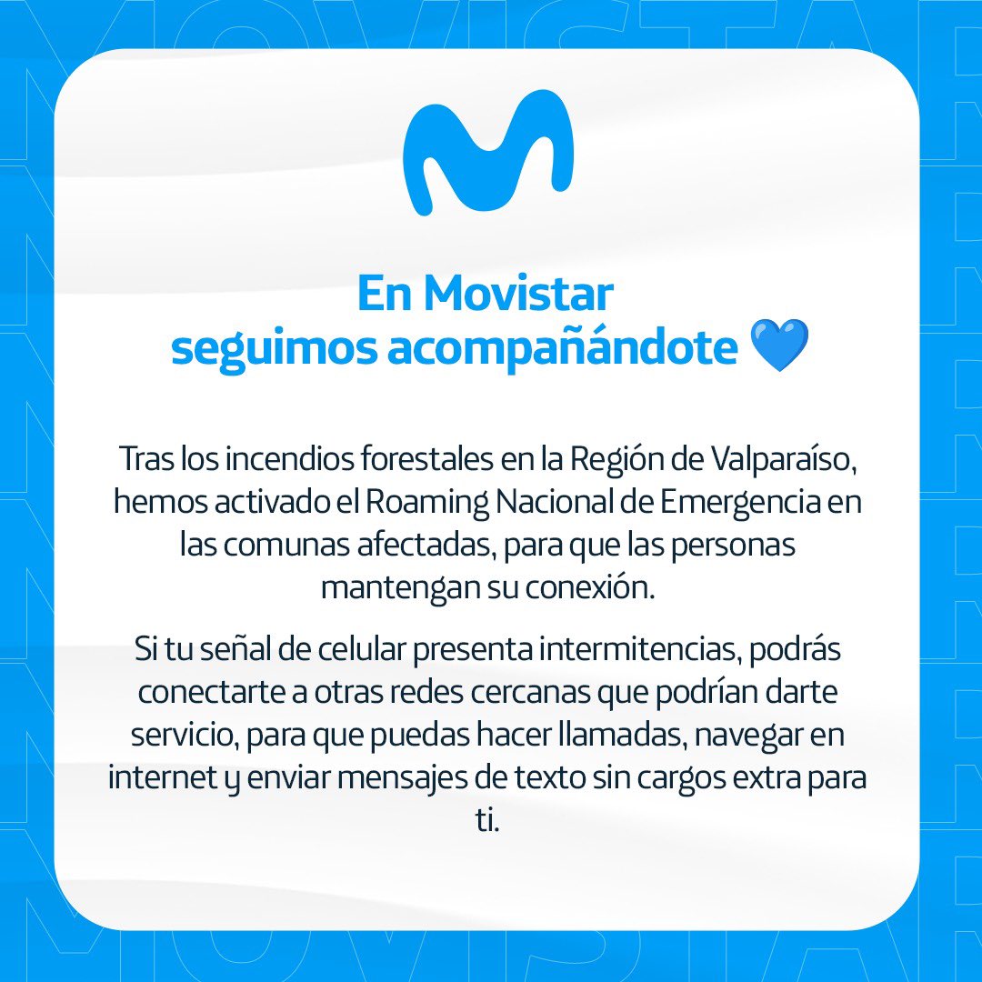 MovistarChile's tweet photo. En Movistar seguimos acompañándote. 💙 Si te encuentras en la zona afectada por los incendios de la Región de Valparaíso, utiliza esta guía para seguir conectad@. https://t.co/E0qIg9j5Yn