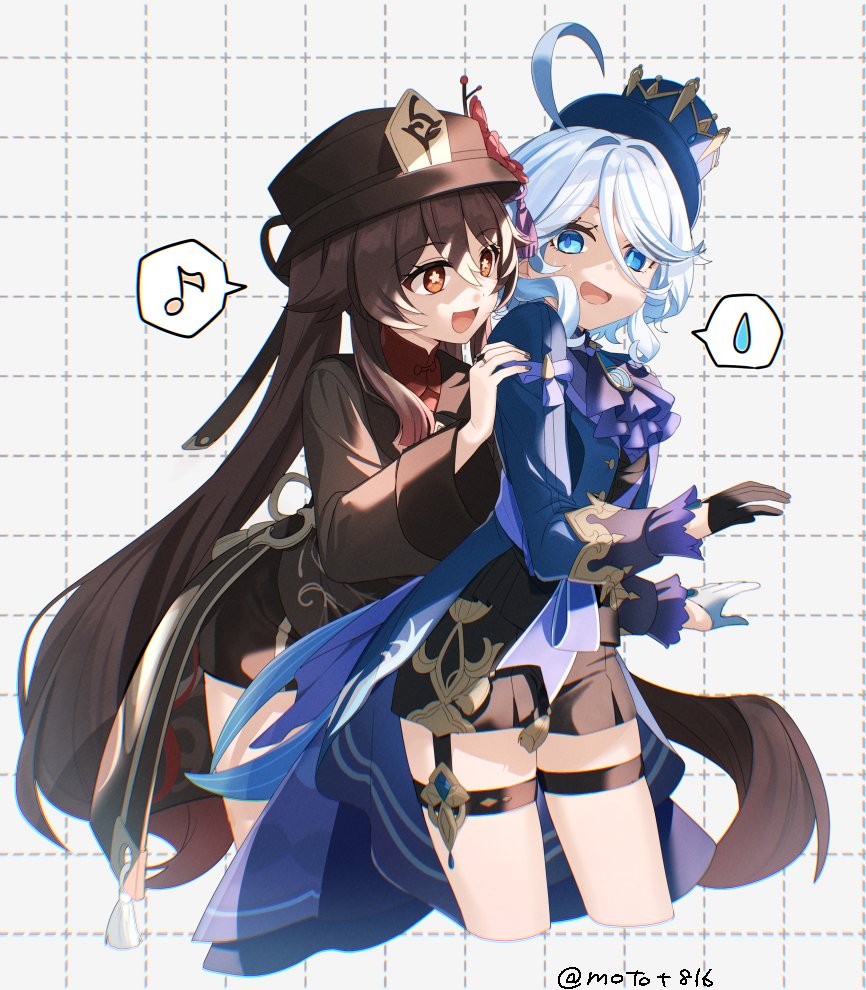 furina (genshin impact) ,hu tao (genshin impact) symbol-shaped pupils sweatdrop multiple girls spoken musical note hat 2girls blue eyes  illustration images