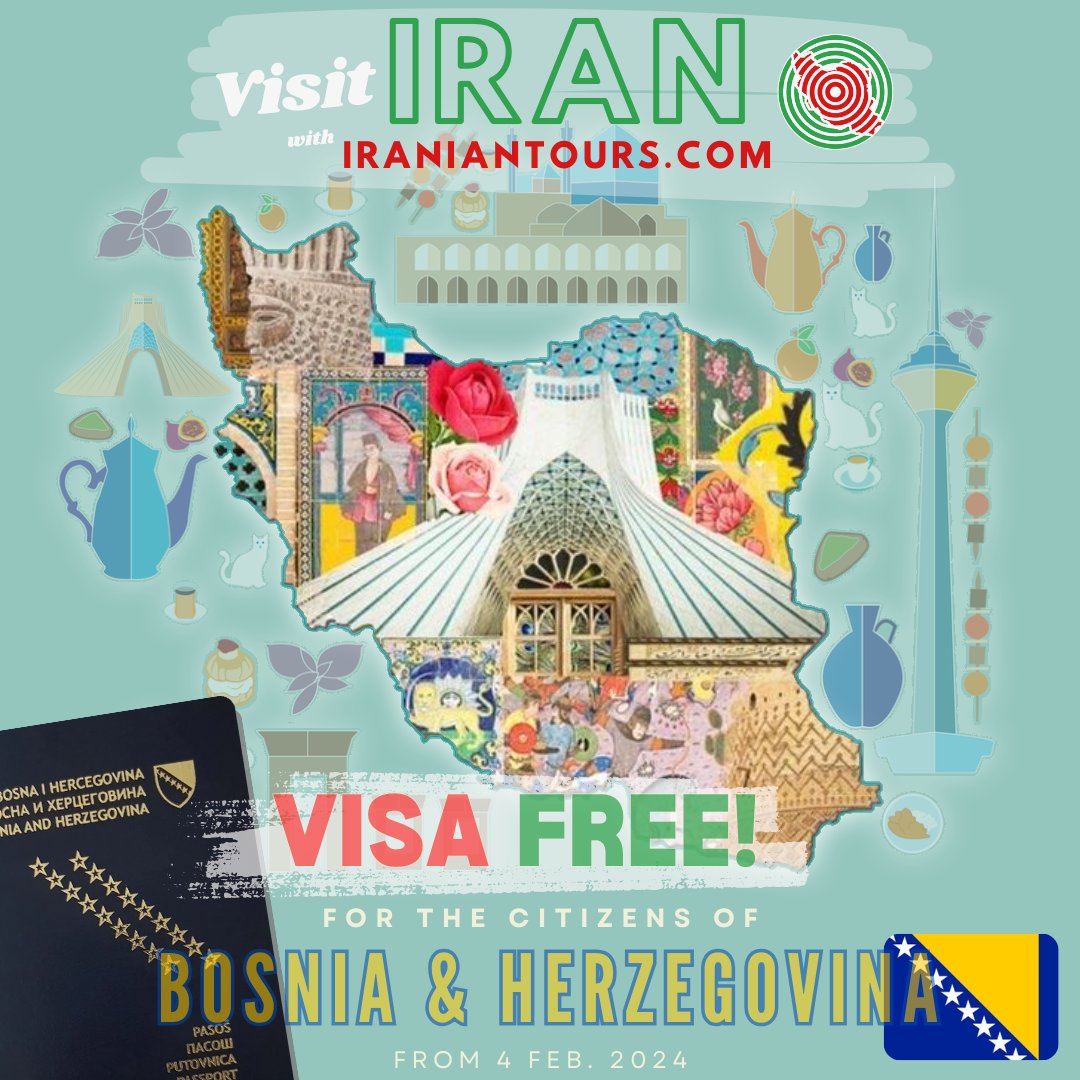 IranianTours's tweet photo. Uzbudljive vijesti za avanturiste iz Bosne i Hercegovine! 🇧🇦🌍 Od danas, istražujte Iran bez vize tokom 15 dana! Zaronite u drevna čuda, impresivne džamije i šarene bazare. Ne propustite ovu priliku da otkrijete čaroliju Perzije! ✨ #IranTravel #BezVize  #BosnaHercegovina https://t.co/E8VoQxYBLS