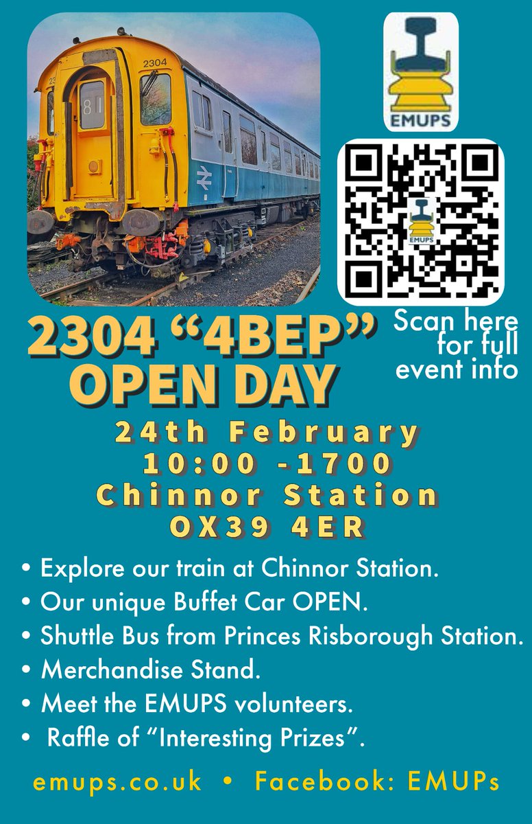 Out friends at the EMUPS are having an Open Day at the <a href="/ChinnorRailway/">Chinnor & Princes Risborough Railway</a> to showcase their 4BEP 2304 which will feature the last remaining BEP Buffet Car. 24th February 2024.

Shuttle Bus running from Princes Risborough all day. On-site parking available.

(emups.co.uk/open-day)