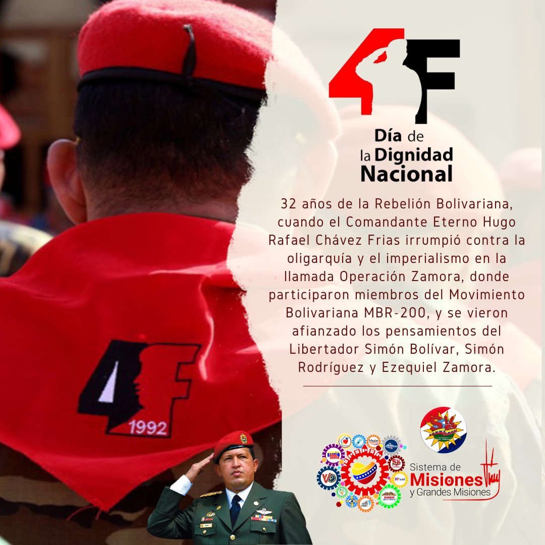 #FuriaBolivarianaIndetenible
Conmemoramos 32 años de la Rebelión Bolivariana, cuando el Comandante #HugoRafaelChávezFrías irrumpió contra la oligarquía y el imperialismo en la llamada Operación Zamora.
<a href="/NicolasMaduro/">Nicolás Maduro</a> 
<a href="/MervinMaldonad0/">Mervin Maldonado</a>