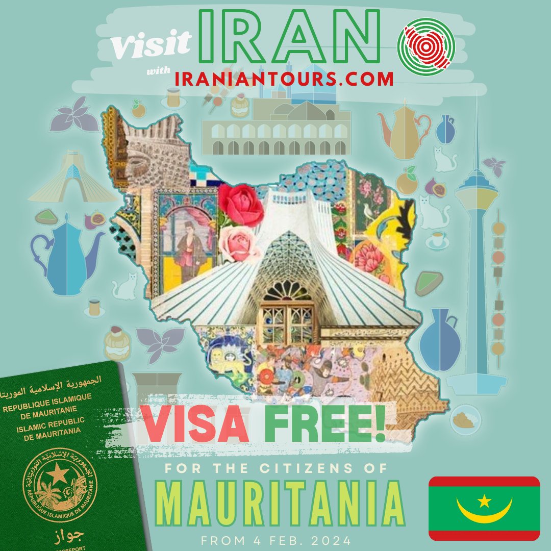 IranianTours's tweet photo. أخبار مثيرة للمغامرين من موريتانيا! 🇲🇷🌍 ابتداءً من اليوم، استكشف إيران بدون تأشيرة لمدة 15 يومًا! انغمس في عجائب العصور القديمة والمساجد الرائعة والأسواق الحية. لا تفوت هذه الفرصة لاكتشاف سحر بلاد فارس! ✨ #IranTravel #VisaFree #AdventureAwaits #DiscoverPersia #Mauritania https://t.co/iUbZfejBat