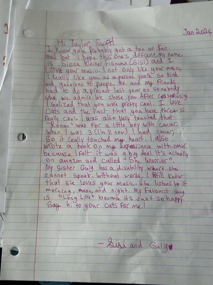 GalitKleiner's tweet photo. @taylorswift13 @samlansky Dear Taylor,
I am attaching a letter from my 11 year old daughter who is your number one fan. It is heartfelt and I hope you are able to read it. You are an inspiration to her. https://t.co/xzRhFpmsok