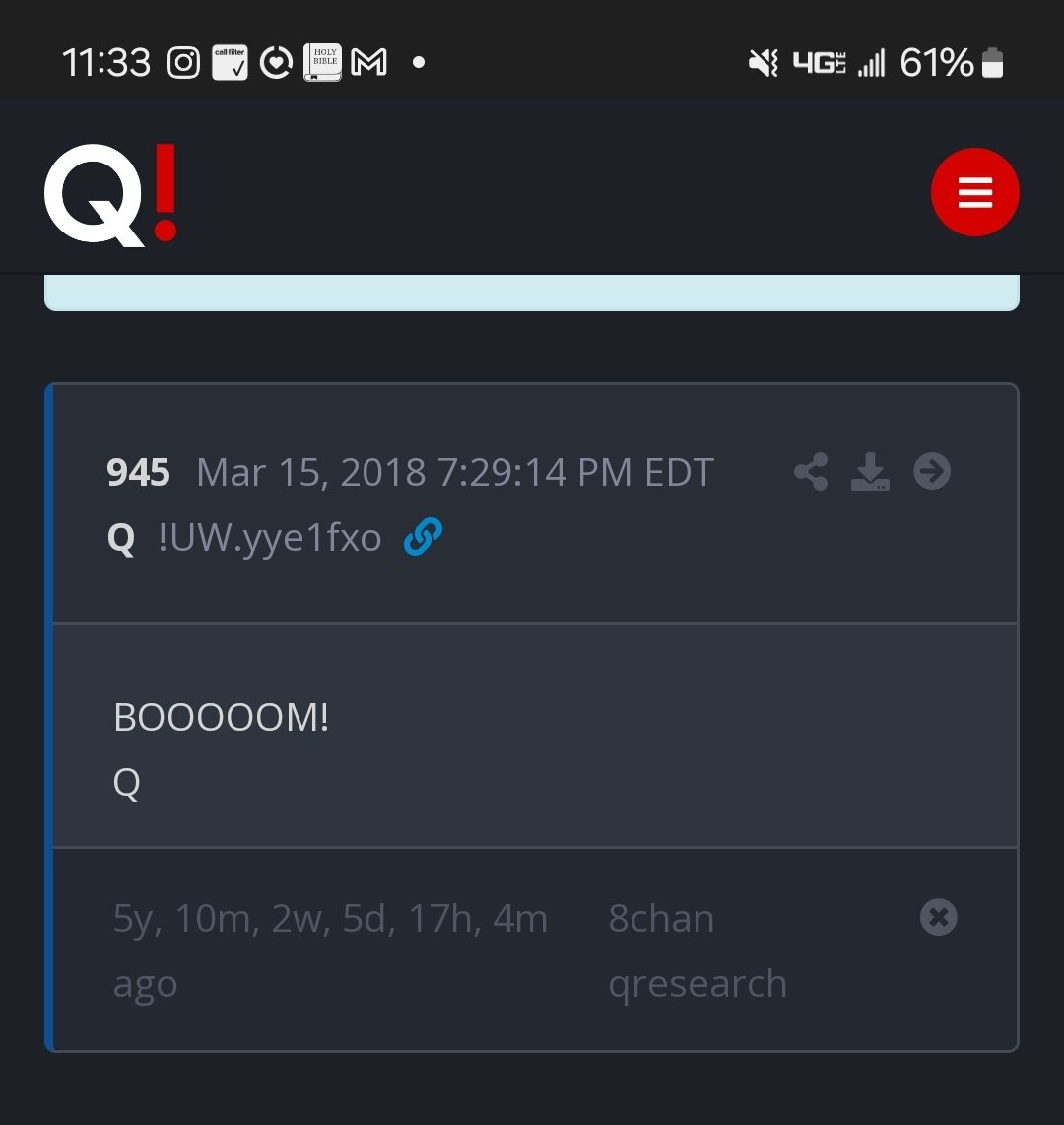 @5Never_Give_Up5 9:42>>9:45=5:5
Q942
Mar 10, 2018 9:15:05 PM EST
CNN airing assassination of JFK.
CNN 3 sec delay - speech.
CNN Jim’s finger on button ready to stop transmission.
These people are sick.
Q
Q945
Mar 15, 2018 7:29:14 PM EDT
BOOOOOM!
Q