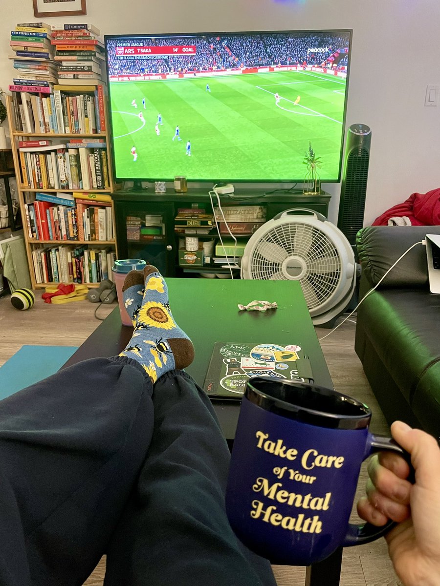 Stormy Sunday morning sponsored by: sweatpants &amp; spring socks, journal, <a href="/premierleague/">Premier League</a>, <a href="/join_real/">Real</a> (I believe this is an active demonstration of taking care of my mental health?!) 💙🌧️