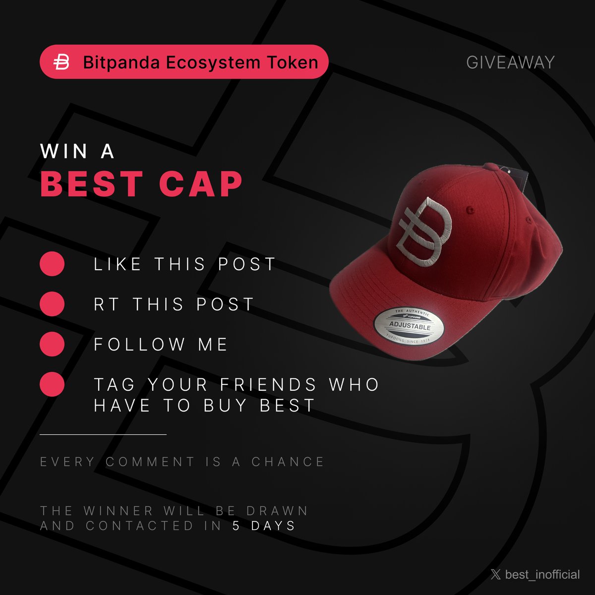 VSN_Unofficial's tweet photo. A new giveaway. 🔥

Tag as many friends as you want. 🤝
Every comment is a chance to win the BEST cap. 🔥

Complete all conditions:
➡️ Like this Post
➡️ RT this Post
➡️ Follow me
➡️ Tag your friends who have to buy BEST 

Good Luck 🥳

#bitpanda #best #crypto #btc #bitcoin