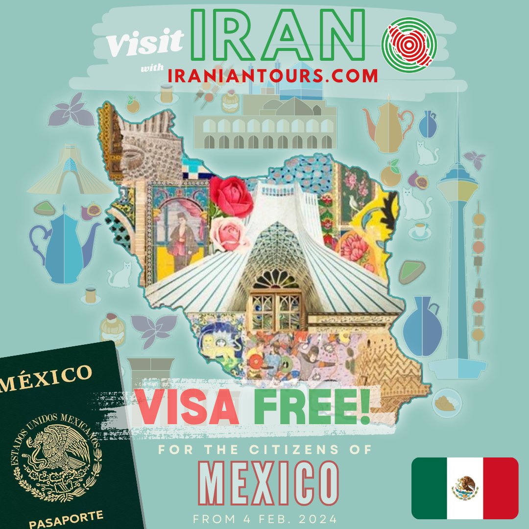 IranianTours's tweet photo. Exciting news for adventurers from #Mexico! 🇲🇽🌍 Starting today, explore #Iran visa-free for 15 days! Immerse yourself in ancient marvels, stunning mosques, and vibrant bazaars. Don't miss this chance to discover the magic of Persia! ✨ #IranTravel #VisaFree #AdventureAwaits https://t.co/uJxusPfv1q