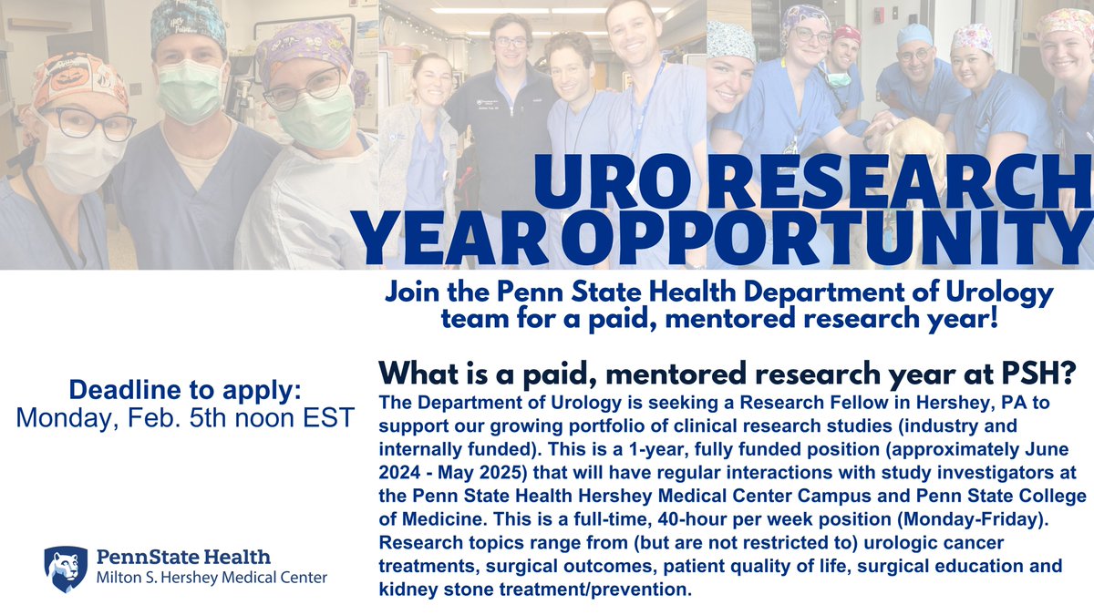 Penn State Urology (@psh_urology) on Twitter photo TOMORROW (2/5) is the deadline to apply for our 1-year PAID Research Fellowship! Great for anyone unmatched in 2024, M3 considering gap year, etc. <a href="/UroResidency/">UroResidency</a> <a href="/Uro_Res/">The Urology Applicant ⚕</a> <a href="/Uro_Stream/">UroStream</a> <a href="/UroAcademic/">Society of Academic Urologists</a> App link: bit.ly/3SxDe4b Deadline: Feb 5th, 2024 noon EST TOMORROW (2/5) is the deadline to apply for our 1-year PAID Research Fellowship! Great for anyone unmatched in 2024, M3 considering gap year, etc. <a href="/UroResidency/">UroResidency</a> <a href="/Uro_Res/">The Urology Applicant ⚕</a> <a href="/Uro_Stream/">UroStream</a> <a href="/UroAcademic/">Society of Academic Urologists</a> App link: bit.ly/3SxDe4b Deadline: Feb 5th, 2024 noon EST