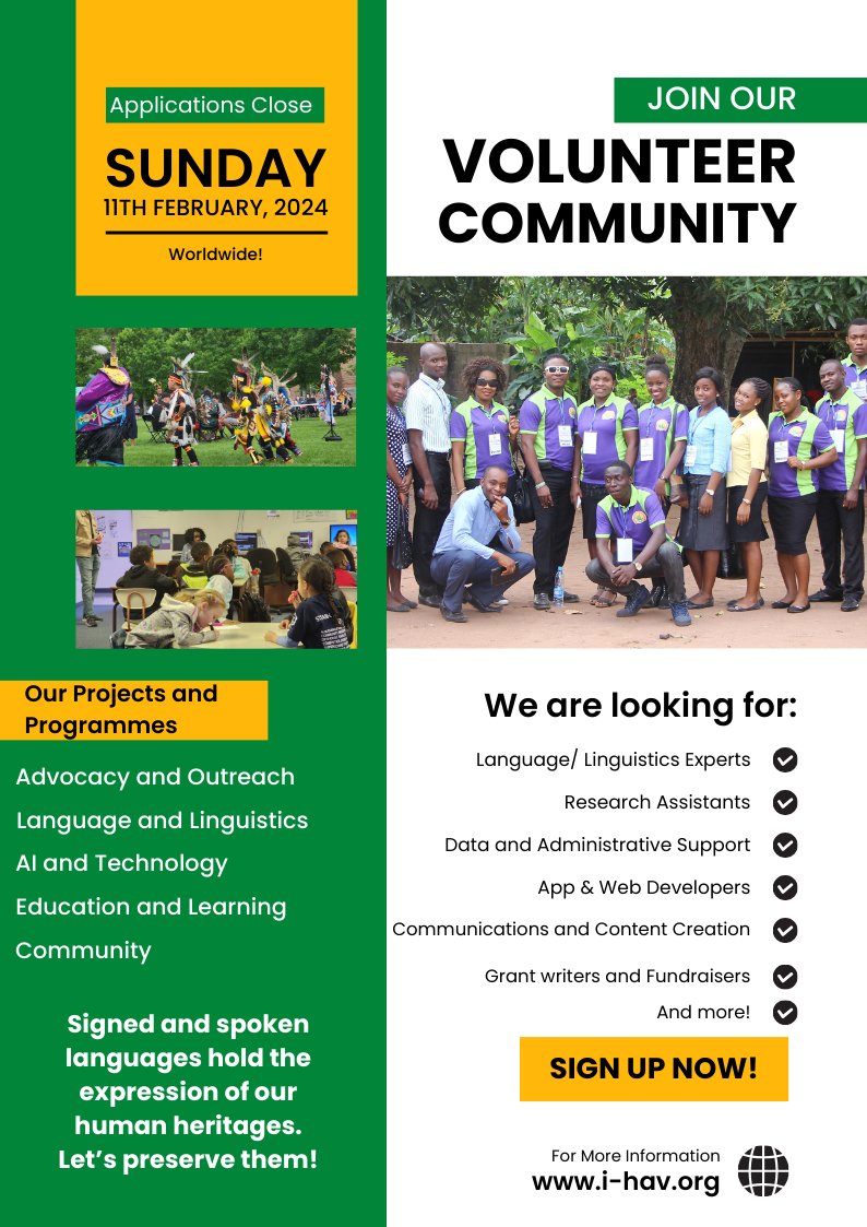 Are you interested in indigenous signed &amp; spoken languages? Would you like to gain valuable experience in the international development sector with a growing NGO? Indigenous Hands and Voices need you! Visit i-hav.org to start your volunteering journey with us today!