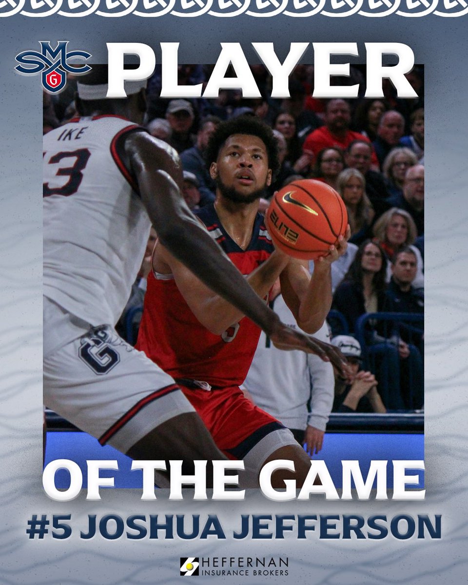 Joshua Jefferson has been named Player of the Game for another unbelievable performance when it mattered most. Against the rival Zags, Jefferson played the full 40 and recorded a 16 PT-11 REB double-double to help seal the victory👏 #GaelsRise