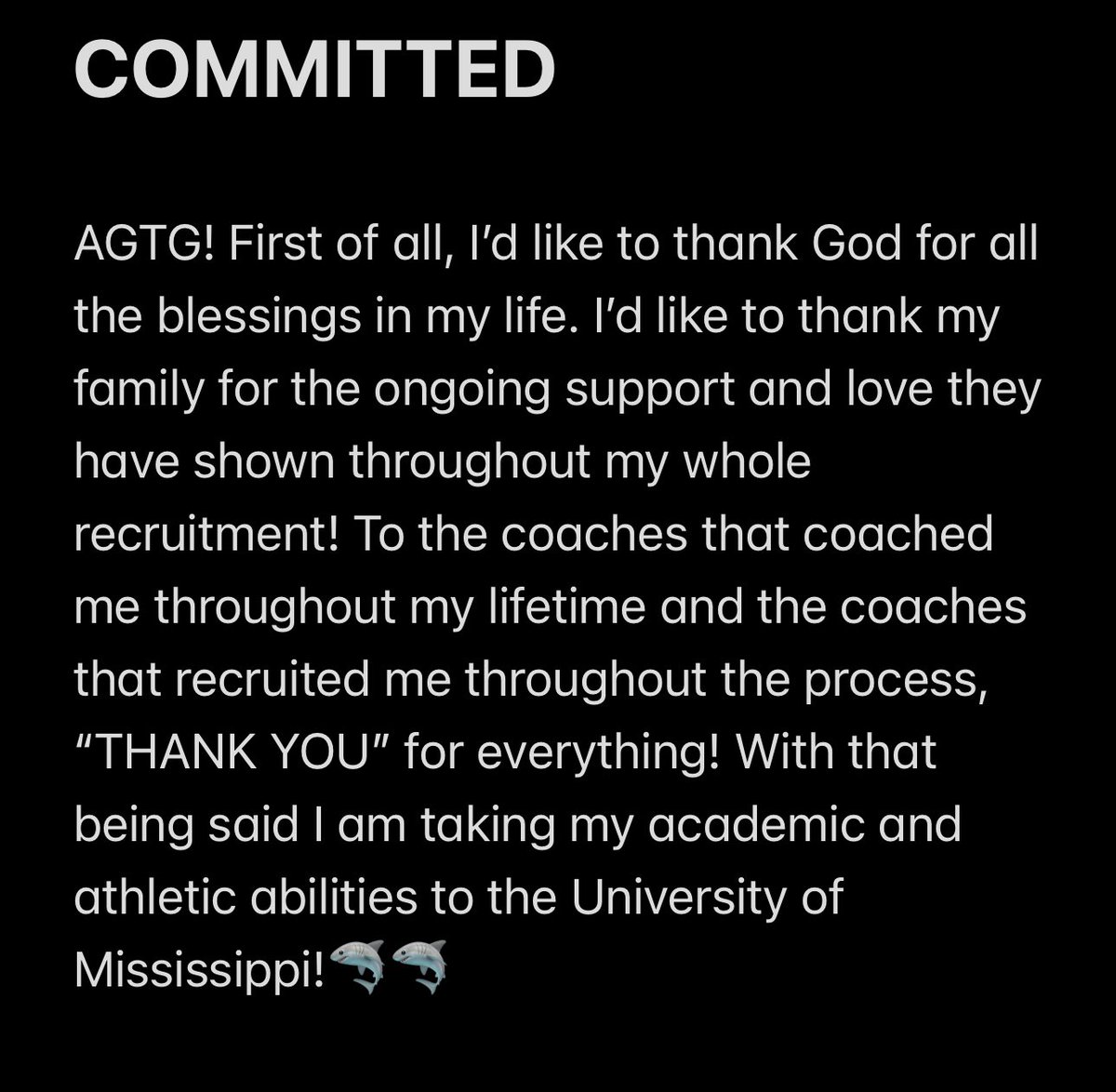 TO THE SIP!🦈🦈 #COMMITTED #HottyToddy #Me3 @OleMissFB @Lane_Kiffin @CoachSchoonie @CoachSchex @TheChrisRubio @finchmachine @EarlGill10 @ThankfulCoach @EthanErwin1117 @coachmdale24 @RebelsFBRec @OleMissSports @TheRebelWalk @OleMissUnited @TXK_Gameday @PrepRedzoneAR